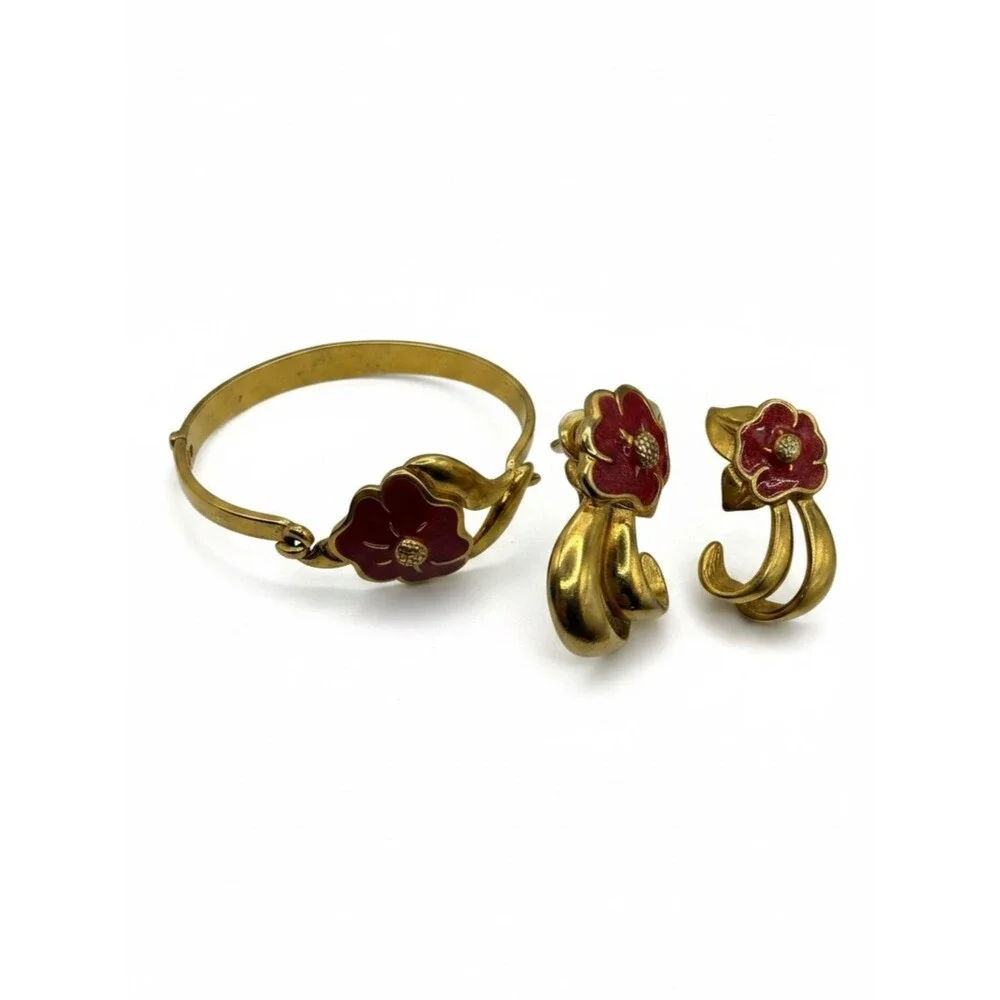 Vintage Avon Tropical Splendor Red Enamel Hibiscus Jewelry Set Bracelet Earrings